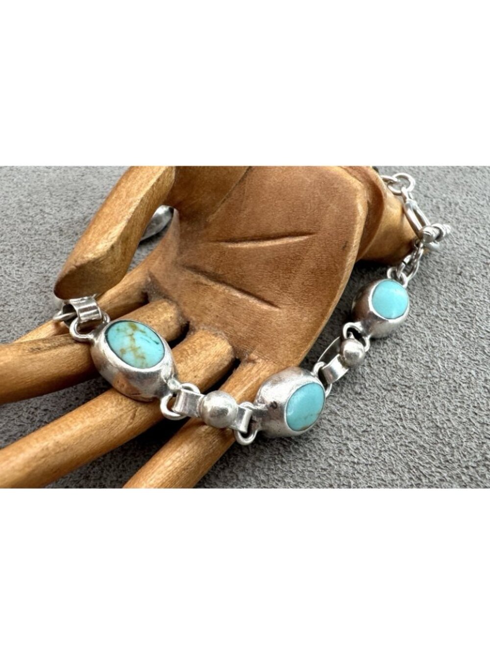 Vintage TURQUOISE Gemstones in STERLING Silver BRACELET Mexico Toggle 7.25"
